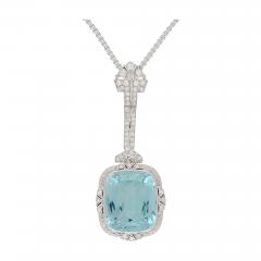 Vintage Art Deco Era GIA Certified Aquamarine and Old Euro Cut Diamond Necklace - 3551623
