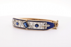 Vintage Art Deco Estate Blue Sapphire Diamond Enamel Bangle Bracelet - 3644379