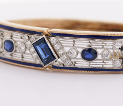 Vintage Art Deco Estate Blue Sapphire Diamond Enamel Bangle Bracelet - 3644382