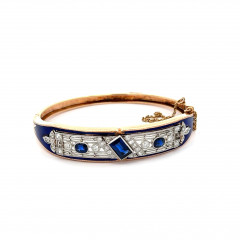 Vintage Art Deco Estate Blue Sapphire Diamond Enamel Bangle Bracelet - 3644383