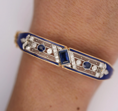 Vintage Art Deco Estate Blue Sapphire Diamond Enamel Bangle Bracelet - 3644390