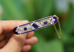 Vintage Art Deco Estate Blue Sapphire Diamond Enamel Bangle Bracelet - 3644396