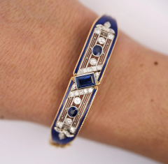 Vintage Art Deco Estate Blue Sapphire Diamond Enamel Bangle Bracelet - 3644415