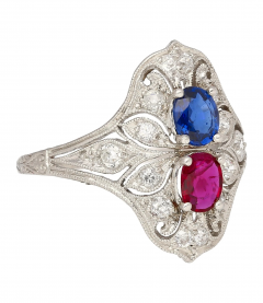 Vintage Art Deco Platinum 1 21 Carat Pink Ruby and Blue Sapphire Ring - 3638918