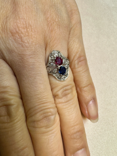 Vintage Art Deco Platinum 1 21 Carat Pink Ruby and Blue Sapphire Ring - 3638939