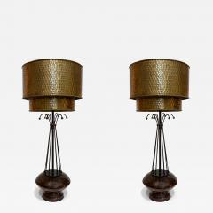 Vintage Atomic Age Inspired Table Lamps Hammered Shade in Brass Pair - 4379233