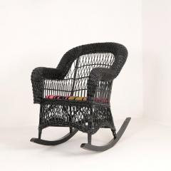 Vintage Black Wicker Rocking Chair with Colourful Cushion - 4581472