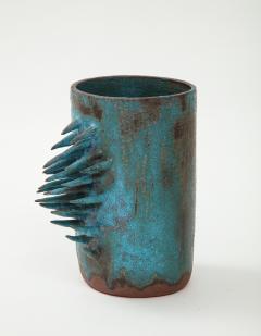 Vintage Blue Brown Ceramic Vase with Spike Edge signed  - 1934334