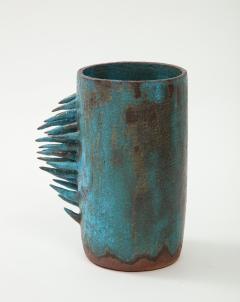 Vintage Blue Brown Ceramic Vase with Spike Edge signed  - 1934337