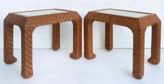 Vintage Braided Woven Leather Side Tables Inset Glass Tops - 4020175