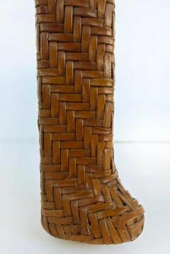 Vintage Braided Woven Leather Side Tables Inset Glass Tops - 4020196