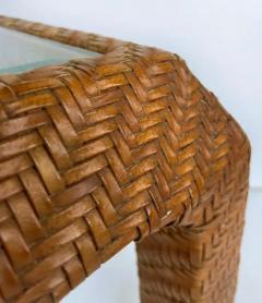 Vintage Braided Woven Leather Side Tables Inset Glass Tops - 4020197