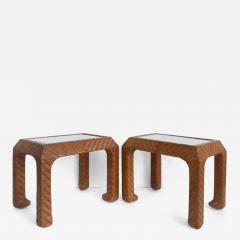 Vintage Braided Woven Leather Side Tables Inset Glass Tops - 4022971