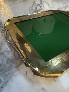 Vintage Brass Tray with Green Glass Insert - 4581352