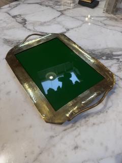 Vintage Brass Tray with Green Glass Insert - 4581354