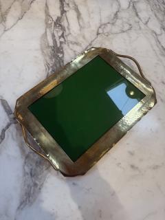 Vintage Brass Tray with Green Glass Insert - 4581356