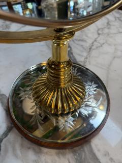 Vintage Brass Vanity Mirror with Etched Glass Base and Wood Trim - 4583518