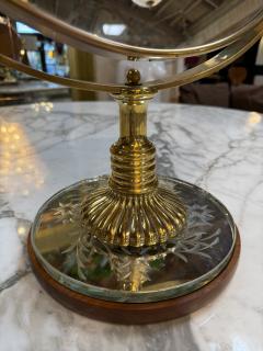 Vintage Brass Vanity Mirror with Etched Glass Base and Wood Trim - 4583519