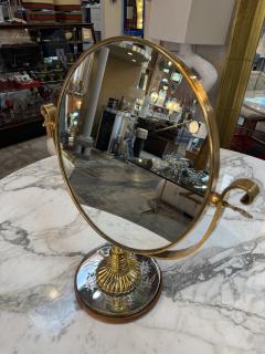 Vintage Brass Vanity Mirror with Etched Glass Base and Wood Trim - 4583522