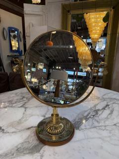 Vintage Brass Vanity Mirror with Etched Glass Base and Wood Trim - 4583524