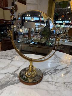 Vintage Brass Vanity Mirror with Etched Glass Base and Wood Trim - 4583526
