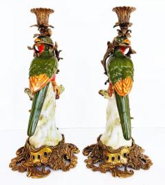 Vintage Bronze Painted Porcelain Exotic Bird Candlesticks Pair - 3599416