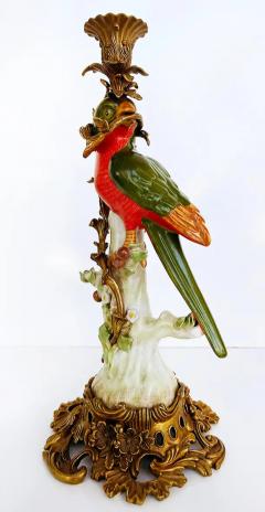 Vintage Bronze Painted Porcelain Exotic Bird Candlesticks Pair - 3599418