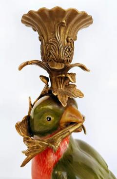 Vintage Bronze Painted Porcelain Exotic Bird Candlesticks Pair - 3599433