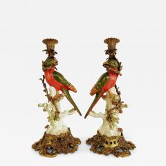 Vintage Bronze Painted Porcelain Exotic Bird Candlesticks Pair - 3603390
