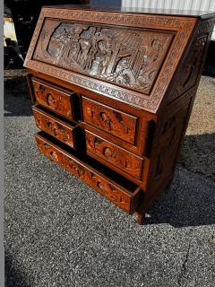 Vintage Carved Asian Drop Front 5 Drawer Secretary - 4511328