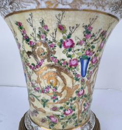 Vintage Chinese Hand painted Porcelain Vase or Planter with Bronze Base a Pair - 3778701