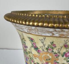 Vintage Chinese Hand painted Porcelain Vase or Planter with Bronze Base a Pair - 3778705