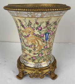 Vintage Chinese Hand painted Porcelain Vase or Planter with Bronze Base a Pair - 3778707