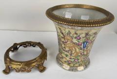 Vintage Chinese Hand painted Porcelain Vase or Planter with Bronze Base a Pair - 3778708