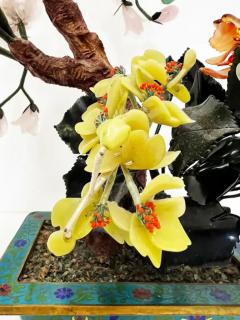 Vintage Chinese Jade Precious Stone Bonsai Tree Sculpture Cloisonn Planter - 3626504