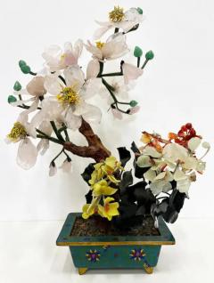 Vintage Chinese Jade Precious Stone Bonsai Tree Sculpture Cloisonn Planter - 3626616