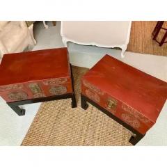 Vintage Chinese Red Leather Trunks Now Designer End Tables - 3982290