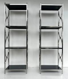 Vintage Chrome 3 Tiered Black Glass Shelves Etagere A Pair - 3525495