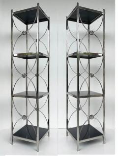 Vintage Chrome 3 Tiered Black Glass Shelves Etagere A Pair - 3525500