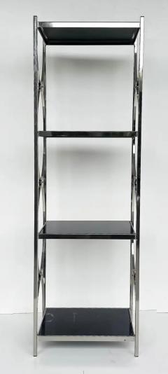 Vintage Chrome 3 Tiered Black Glass Shelves Etagere A Pair - 3525669