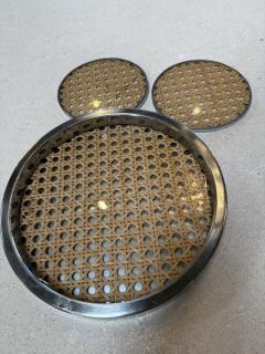 Vintage Chrome and Cane Tray with Matching Coasters 1970s - 4442689