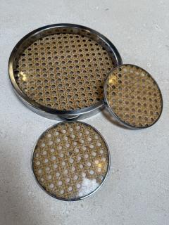 Vintage Chrome and Cane Tray with Matching Coasters 1970s - 4442691