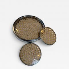 Vintage Chrome and Cane Tray with Matching Coasters 1970s - 4444087