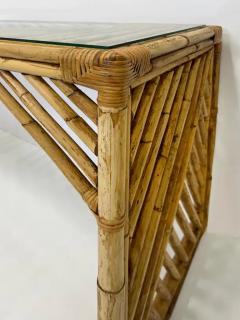 Vintage Coastal Lattice Rattan Console Table with Glass Top - 3896346