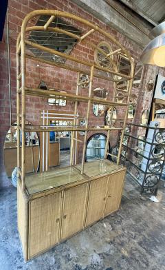 Vintage Coastal Rattan Etagere Cabinet with Glass Shelves - 4602904