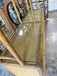 Vintage Coastal Rattan Etagere Cabinet with Glass Shelves - 4602907