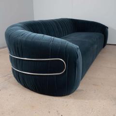 Vintage Curved Back Sofa with Chrome Back Frame in Blue Velvet Restored Italy - 1566355