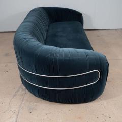 Vintage Curved Back Sofa with Chrome Back Frame in Blue Velvet Restored Italy - 1566360
