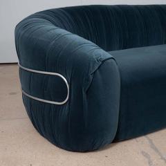 Vintage Curved Back Sofa with Chrome Back Frame in Blue Velvet Restored Italy - 1566361