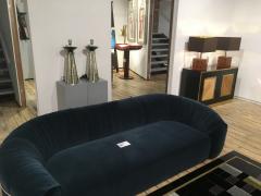 Vintage Curved Back Sofa with Chrome Back Frame in Blue Velvet Restored Italy - 1566590